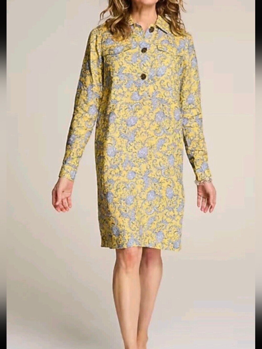 NWT J. Jill Yellow Long-Sleeve Shirt Dress with Blue Paisley Print-100% LINEN-XL